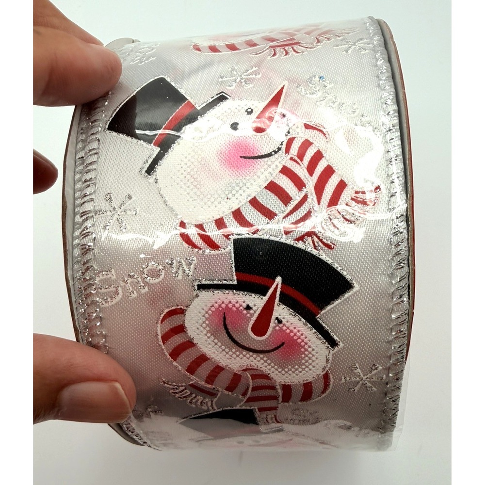 At Home 2.5" Traditional Snowmen Christmas Ribbon Silver Red Glitter 10 Yards
